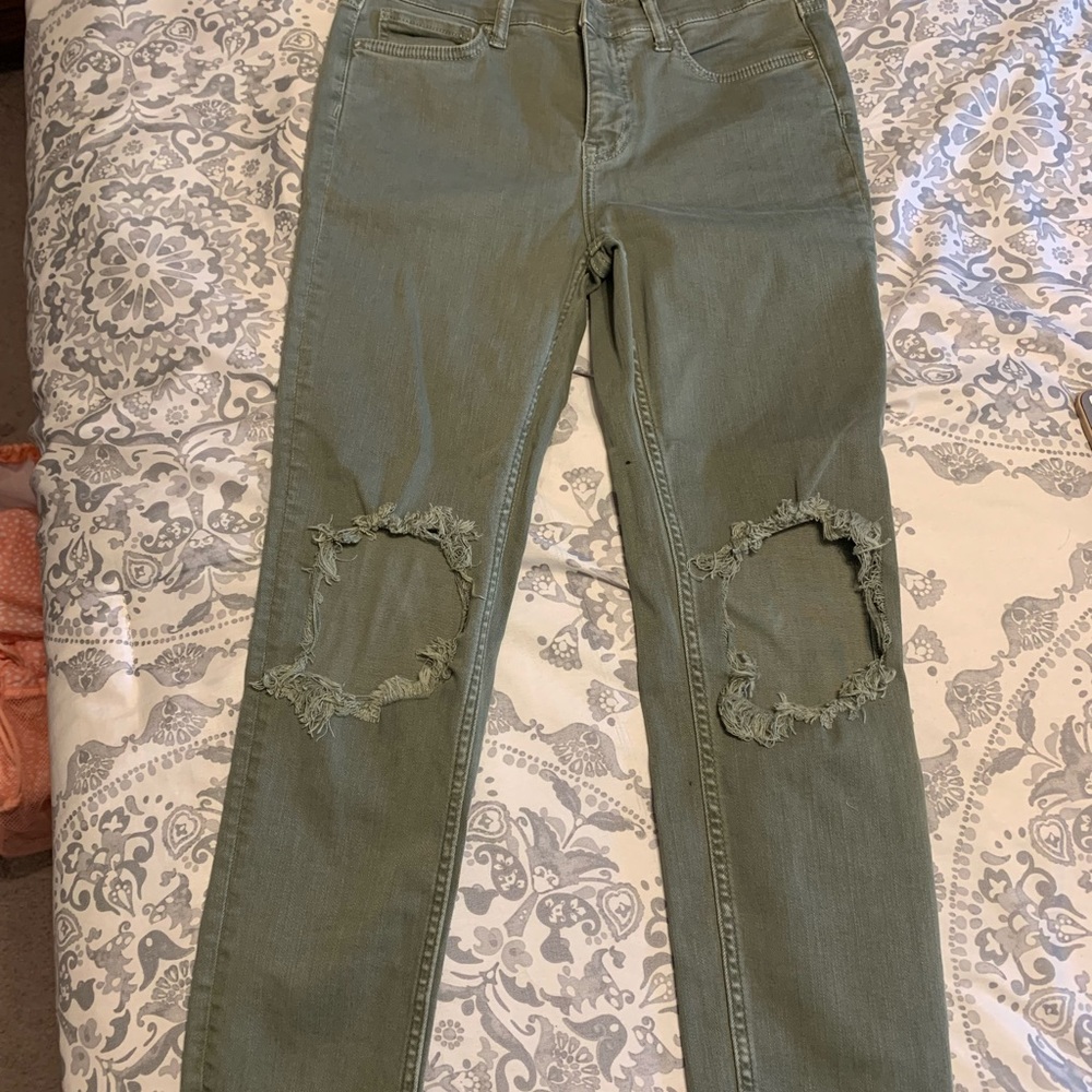 Free People army green distressed knee jeans